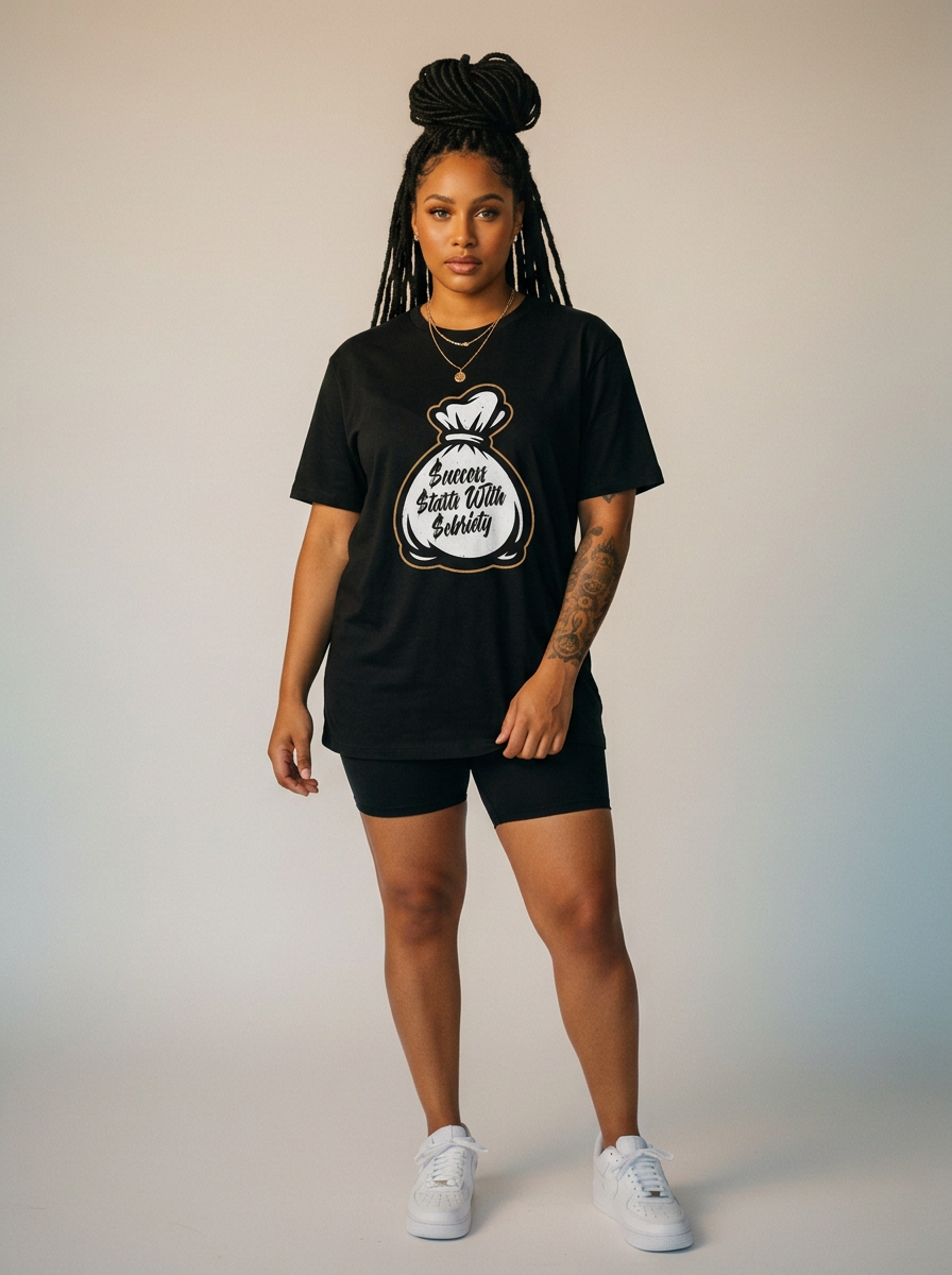 Women modeling  black crewneck T-shirt featuring the Success Starts With Sobriety money bag graphic in black script on a white background.