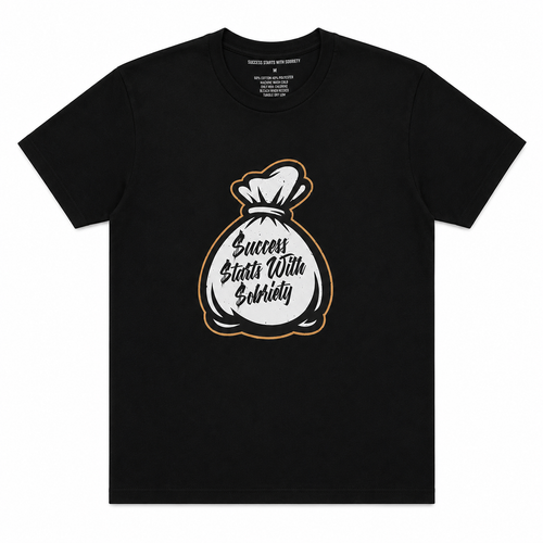 Black crewneck T-shirt featuring the Success Starts With Sobriety money bag graphic in black script on a white background.