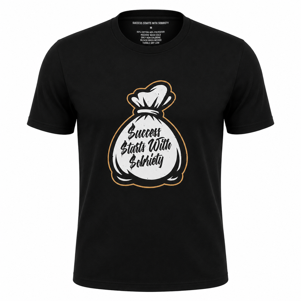 Black crewneck T-shirt featuring the Success Starts With Sobriety money bag graphic in black script on a white background.