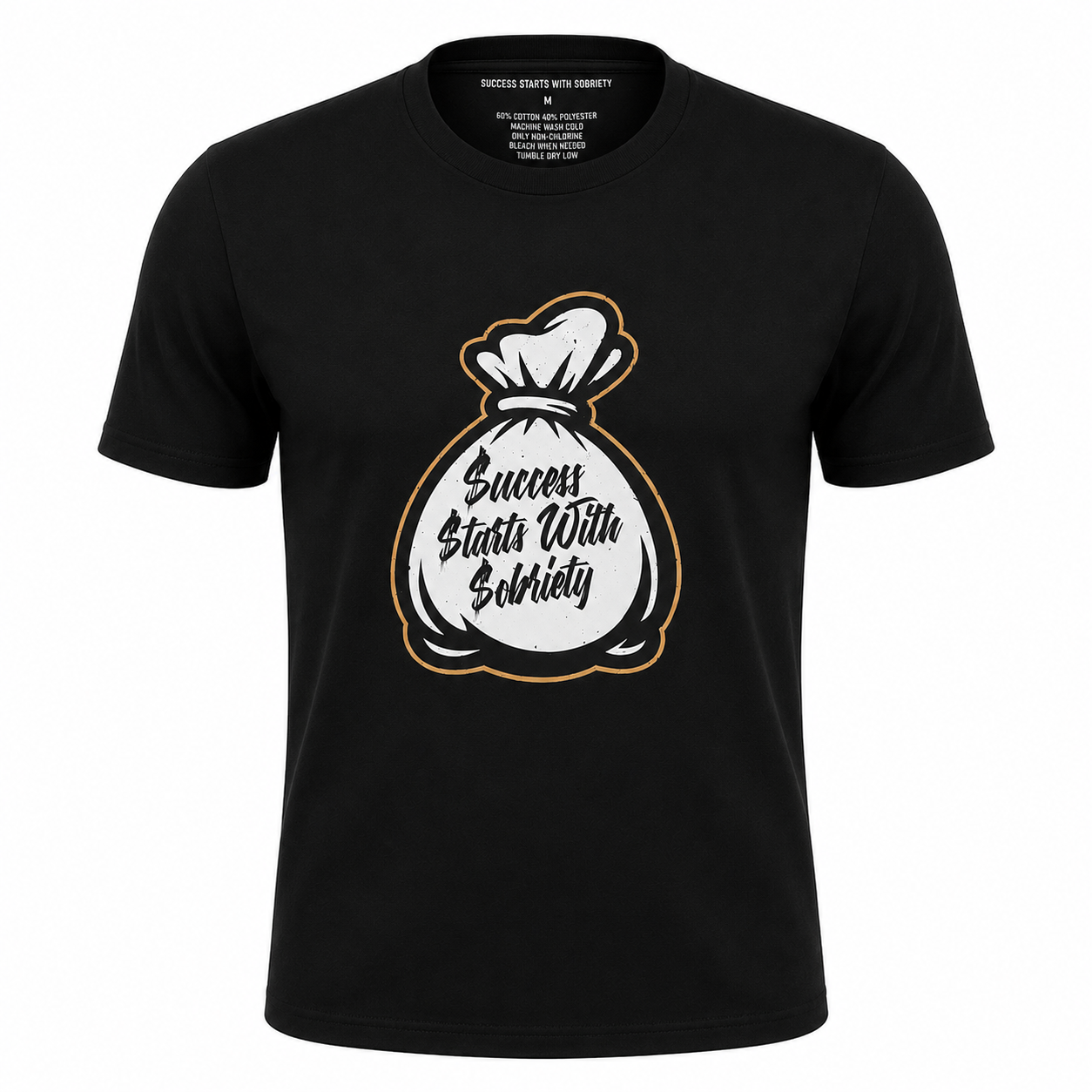 Black crewneck T-shirt featuring the Success Starts With Sobriety money bag graphic in black script on a white background.