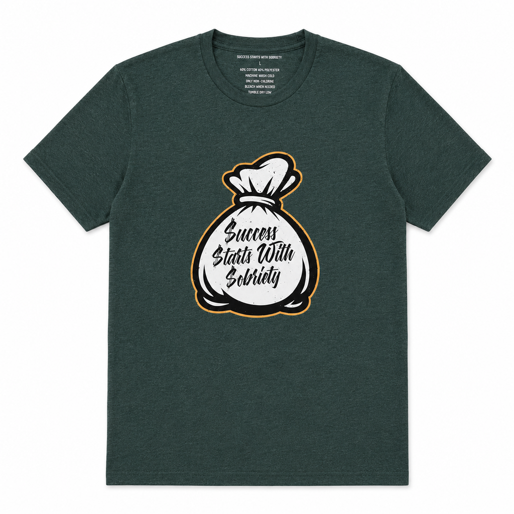 Forest green heather crewneck T-shirt featuring the Success Starts With Sobriety money bag graphic in black script on a white background.