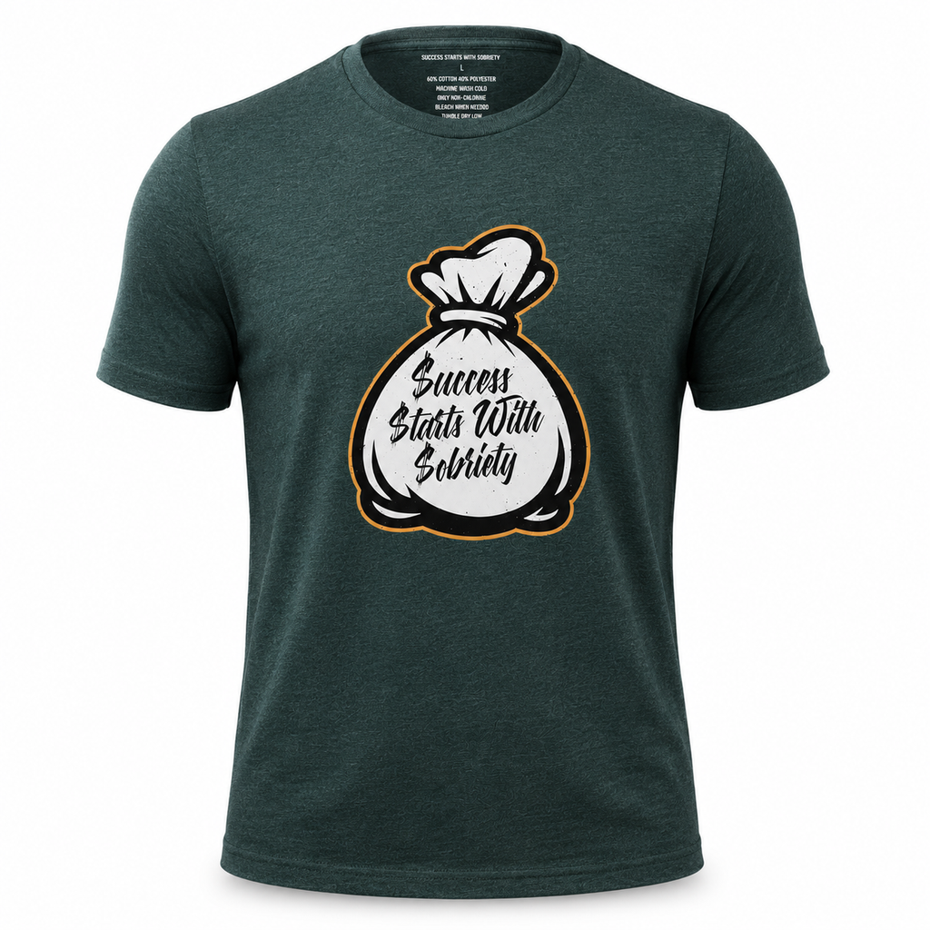 Forest green heather crewneck T-shirt featuring the Success Starts With Sobriety money bag graphic in black script on a white background.