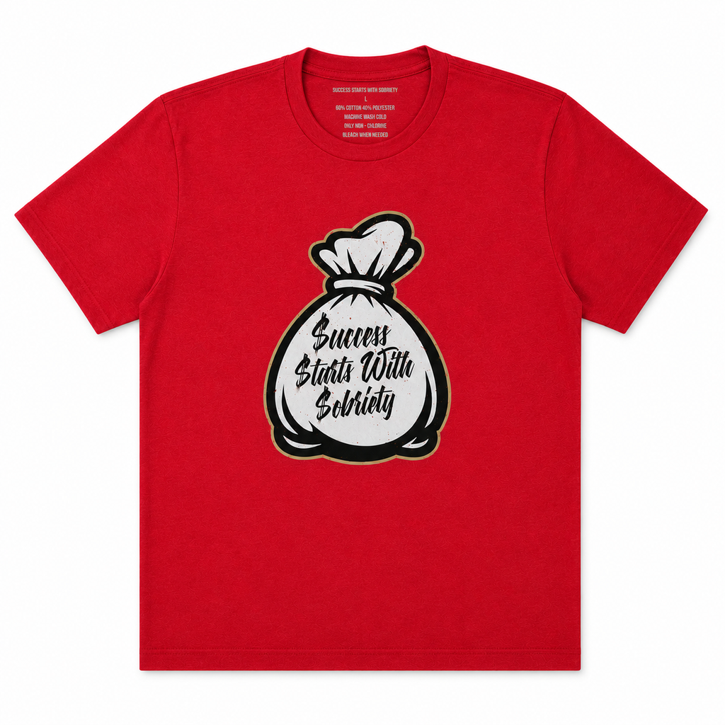 Red heather crewneck T-shirt featuring the Success Starts With Sobriety money bag graphic in black script on a white background.
