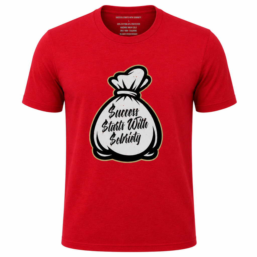 Red heather crewneck T-shirt featuring the Success Starts With Sobriety money bag graphic in black script on a white background.
