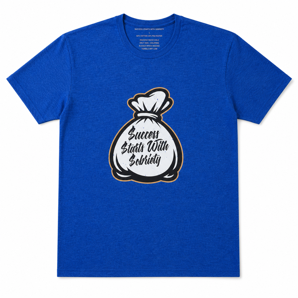 Royal blue heather crewneck T-shirt featuring the Success Starts With Sobriety money bag graphic in black script on a white background.