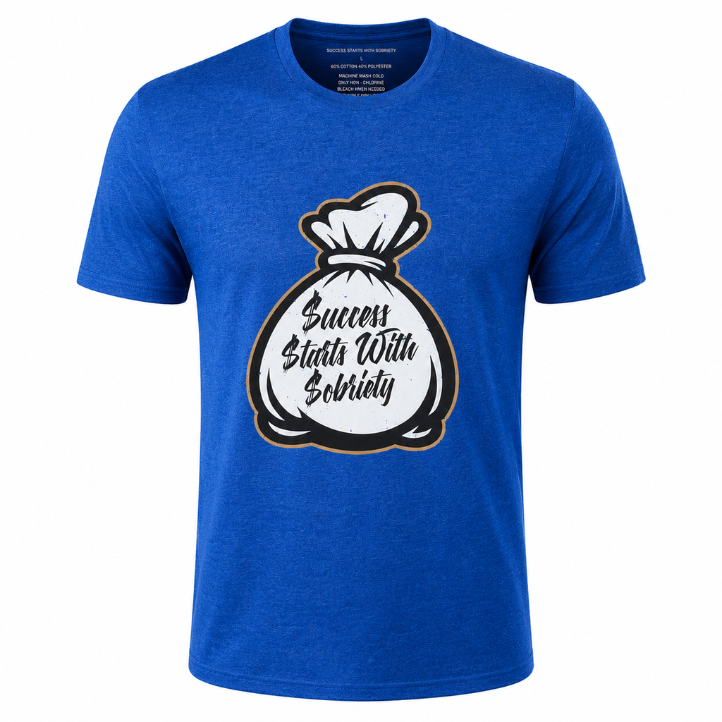 Royal blue heather crewneck T-shirt featuring the Success Starts With Sobriety money bag graphic in black script on a white background.