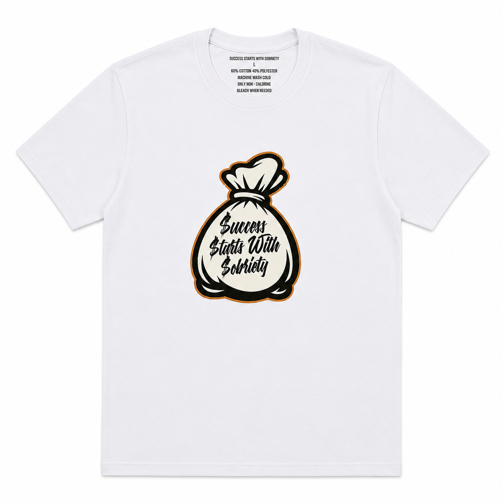 White crewneck T-shirt featuring the Success Starts With Sobriety money bag graphic in black script on a white background.