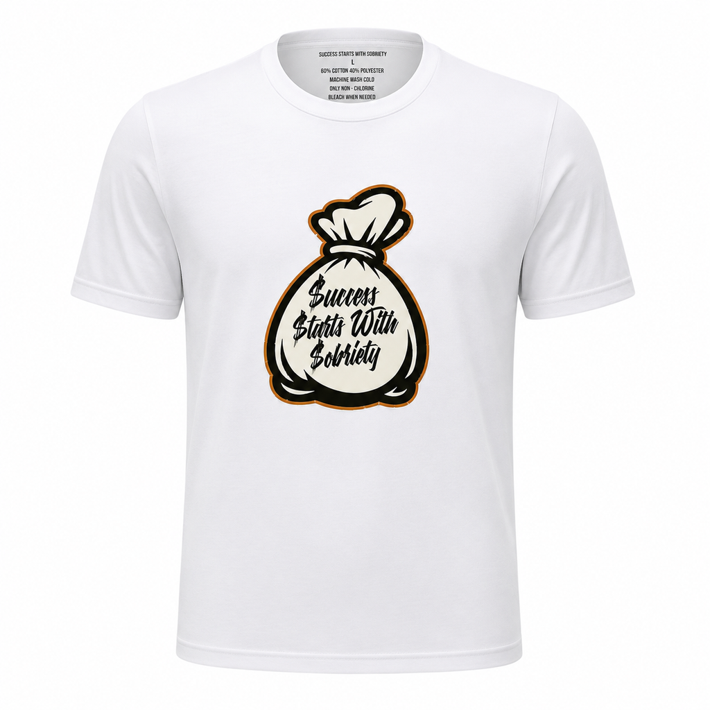 White crewneck T-shirt featuring the Success Starts With Sobriety money bag graphic in black script on a white background.